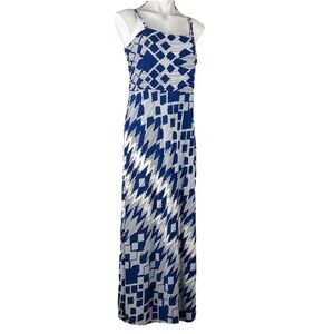 CHICO'S Blue White Convertible Diamond Aztec Bias Cora Jersey Maxi Dress Size 3